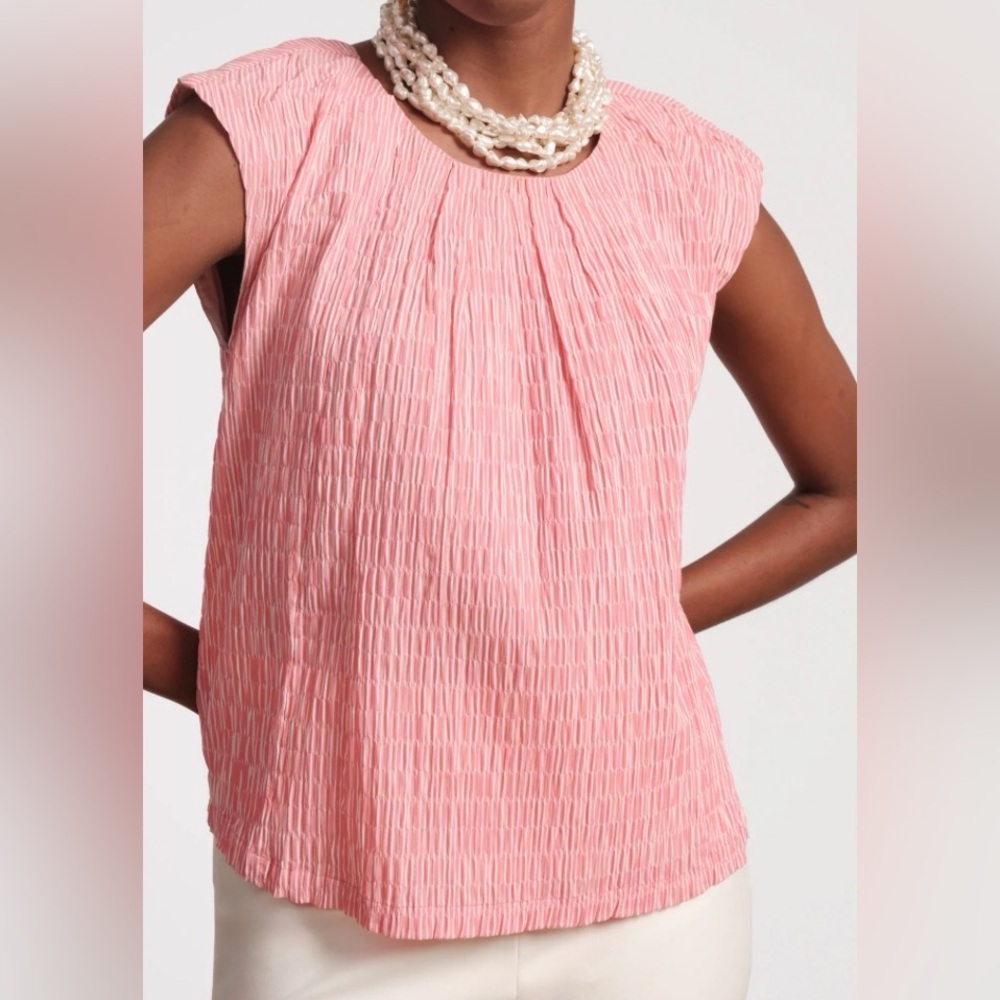 Frances Valentine Bailey Seersucker Striped Sleeveless Top Pink & White Size XL
